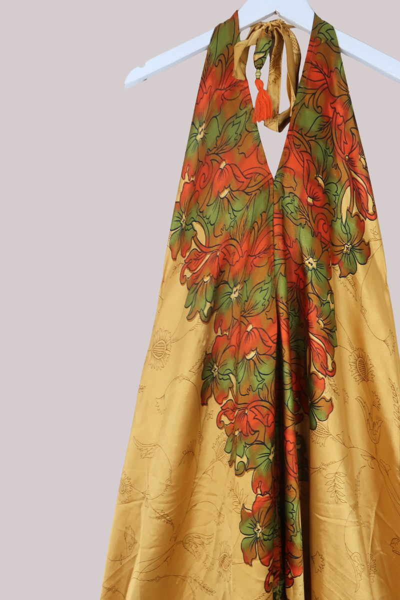 Athena Recycled Sari Maxi Dress in Golden Sunset Field - Free Size M/L