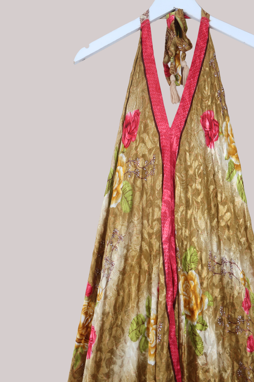 Athena Recycled Sari Maxi Dress in Yellow Gold Roses - Free Size M/L
