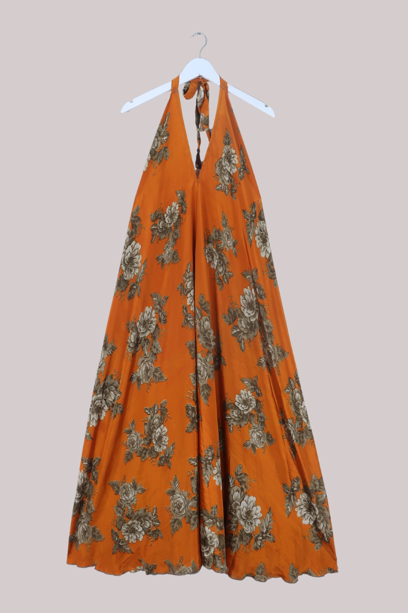Athena Recycled Sari Maxi Dress in Clementine Bronze Florals - Free Size M/L