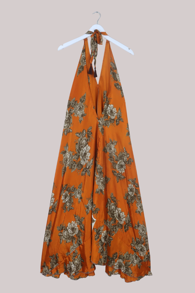 Athena Recycled Sari Maxi Dress in Clementine Bronze Florals - Free Size M/L