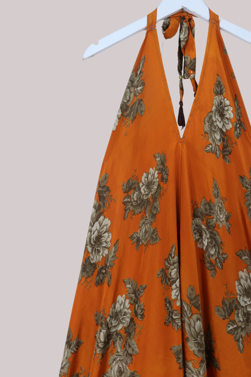 Athena Recycled Sari Maxi Dress in Clementine Bronze Florals - Free Size M/L