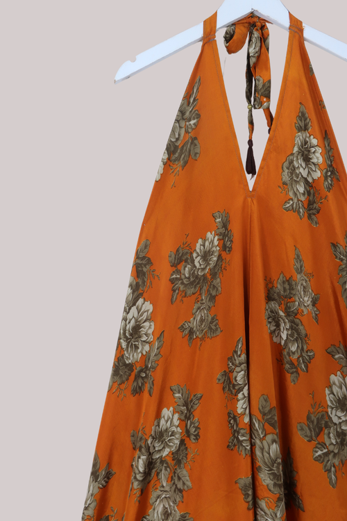 Athena Recycled Sari Maxi Dress in Clementine Bronze Florals - Free Size M/L