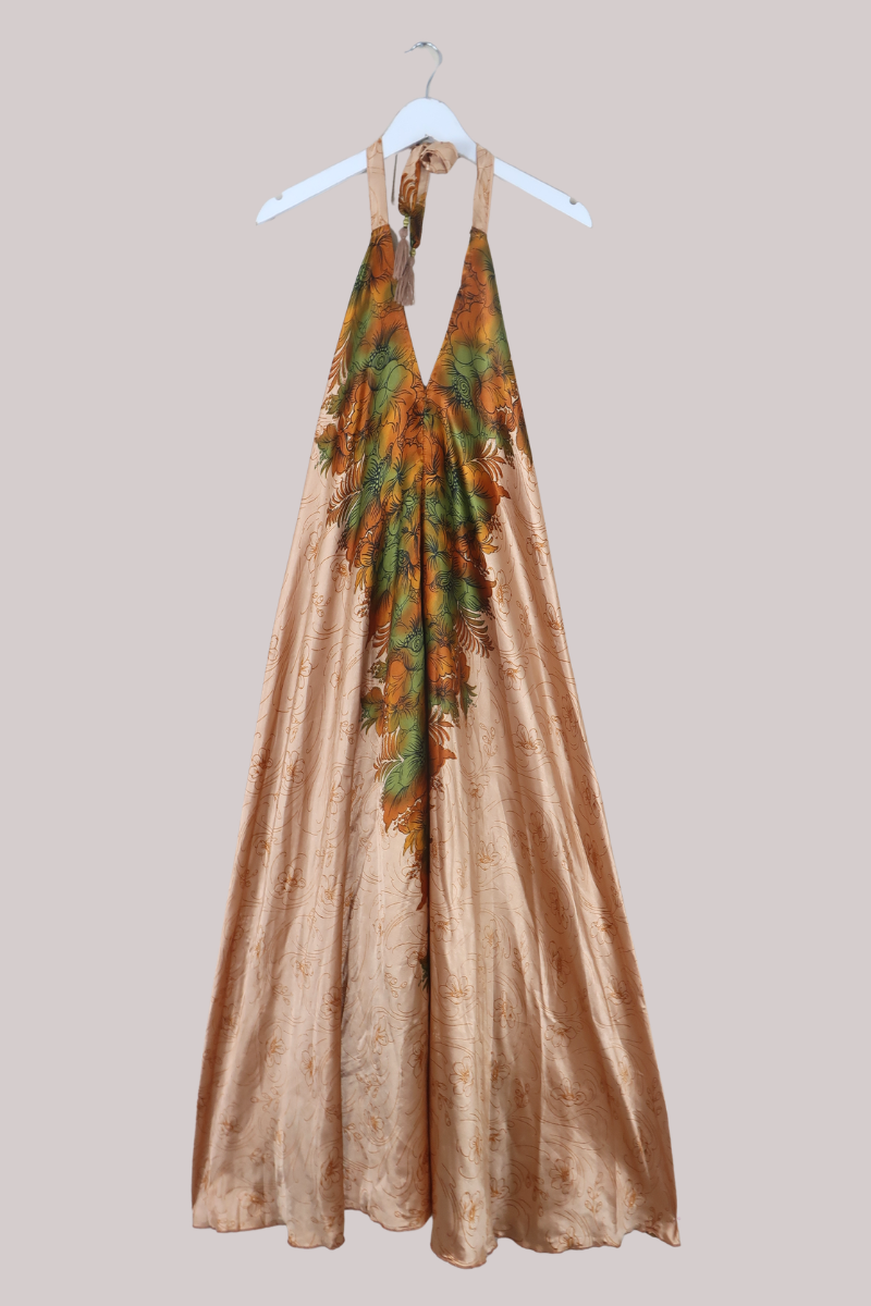 Athena Recycled Sari Maxi Dress in Copper Florals - Free Size M/L