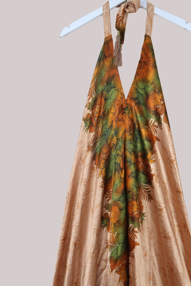 Athena Recycled Sari Maxi Dress in Copper Florals - Free Size M/L