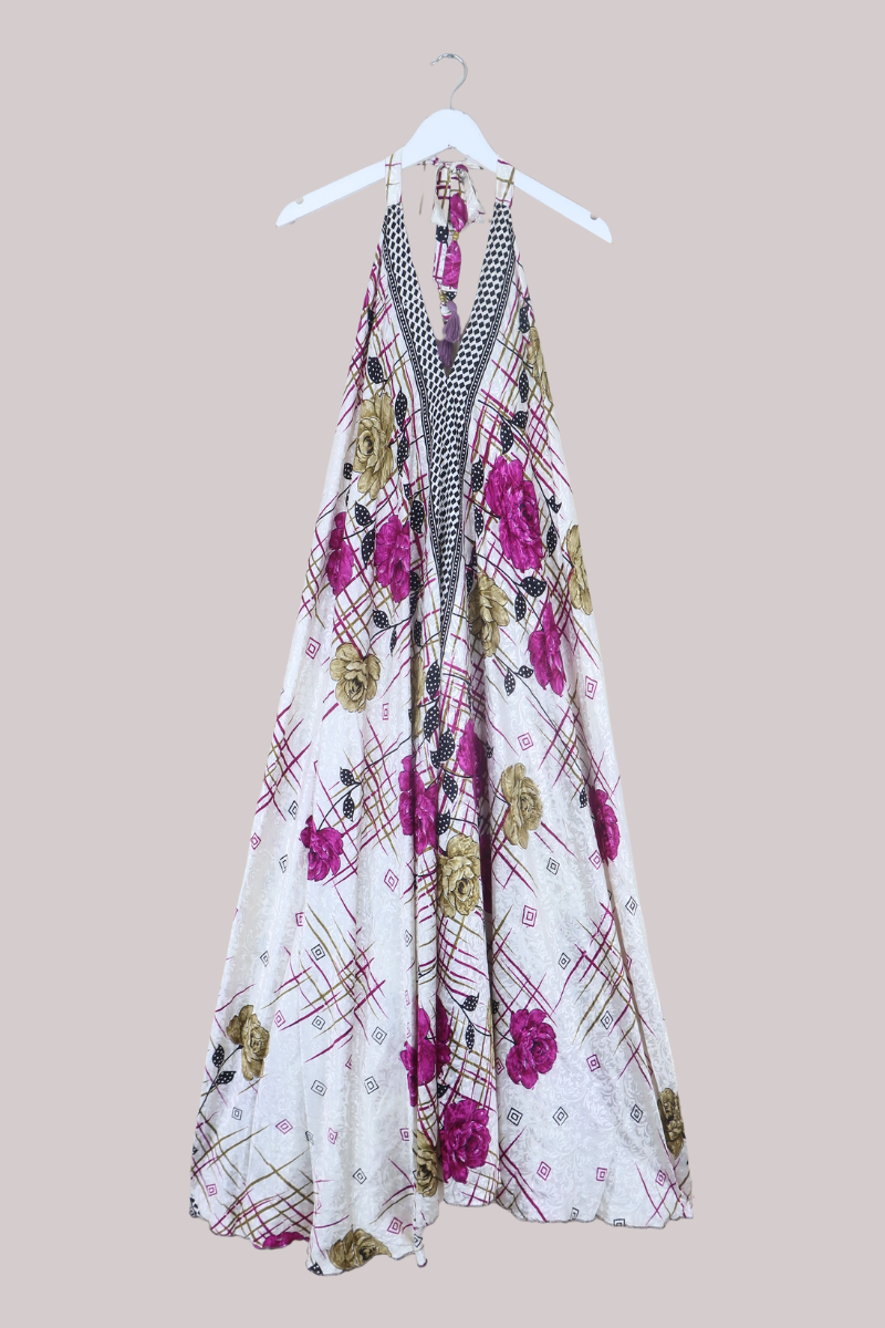 Athena Recycled Sari Maxi Dress in Magenta Peonies - Free Size M/L