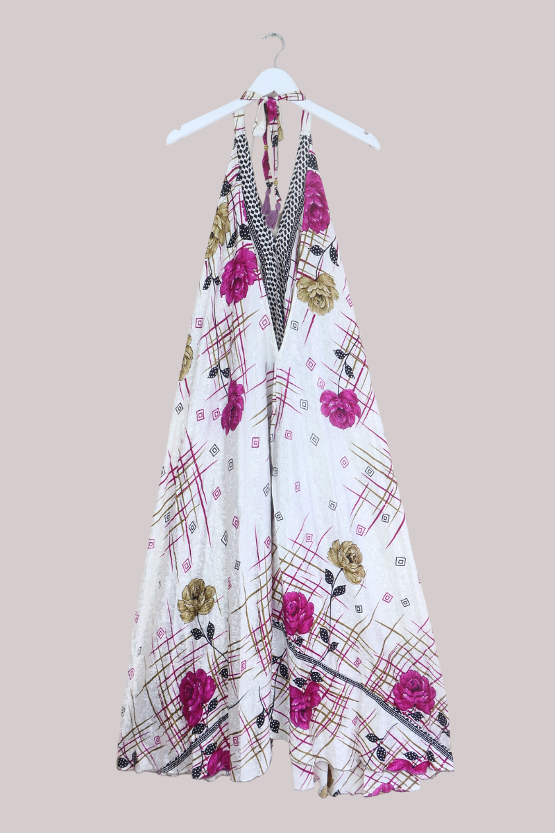 Athena Recycled Sari Maxi Dress in Magenta Peonies - Free Size M/L