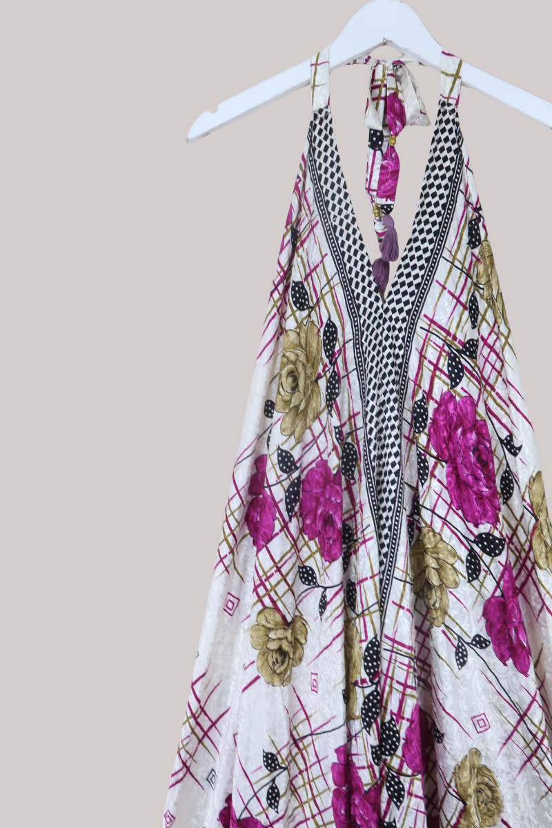 Athena Recycled Sari Maxi Dress in Magenta Peonies - Free Size M/L