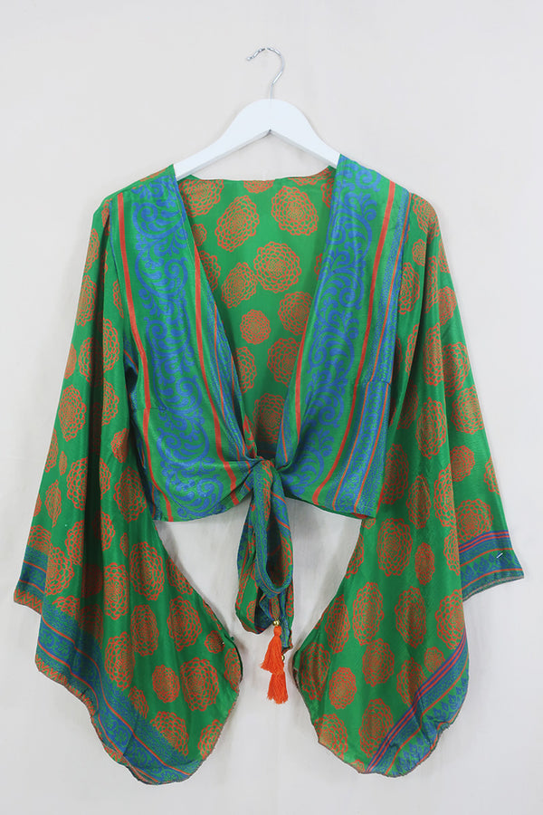 SALE Gemini Wrap Top - Green Mystic Marigolds - Vintage Sari - Size M/L By All About Audrey