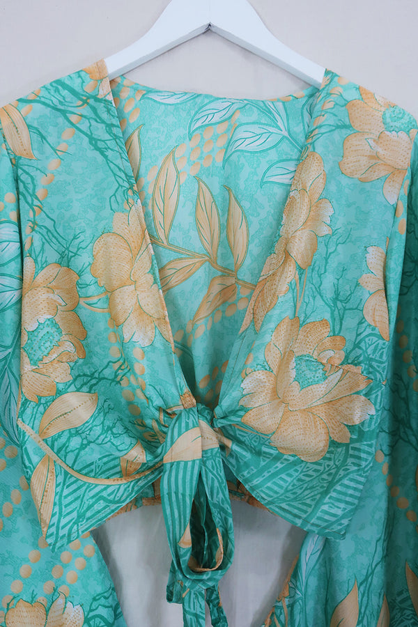 Gemini Wrap Top - Mermaid Blue & Peach Bloom - Vintage Sari - Size M/L By All About Audrey