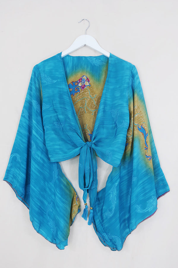 Gemini Wrap Top - Honey & Ocean Blue Waves - Vintage Sari - Size M/L