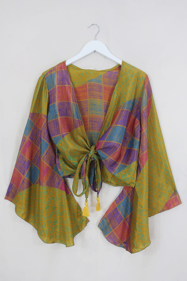 Gemini Wrap Top - Springtime Printed Tiles - Vintage Sari - Size L/XL by All About Audrey