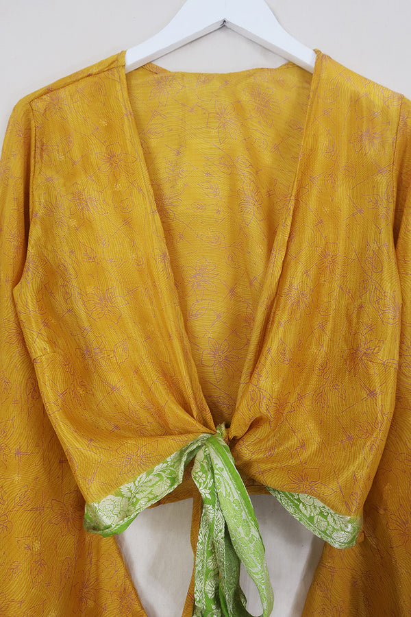 Gemini Wrap Top - Buttercup Bouquet - Vintage Sari - Size L/XL by All About Audrey