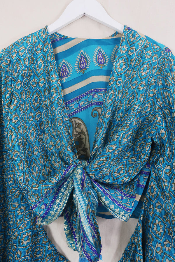 Gemini Wrap Top - Santorini Blue & Sandstone Paisley - Vintage Sari - Size XXL by All About Audrey