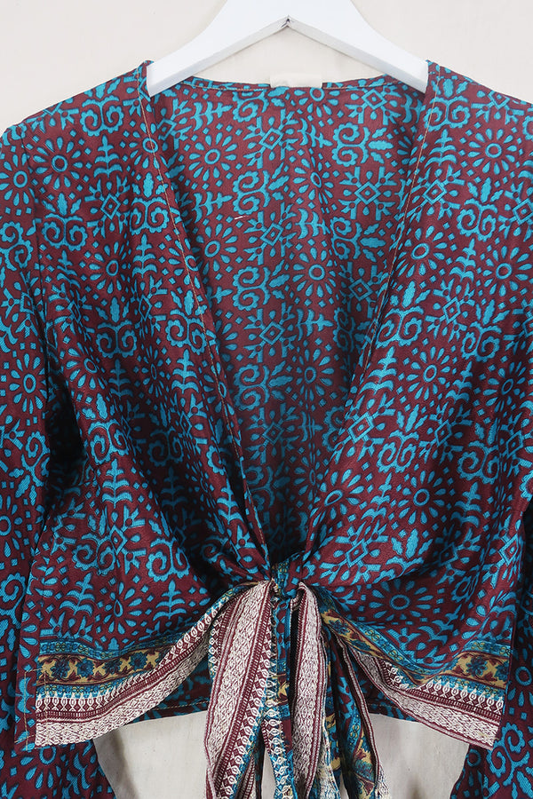 SALE | Gemini Wrap Top - Burgundy & Blue Ornate Motifs - Vintage Sari - Size L/XL by All About Audrey