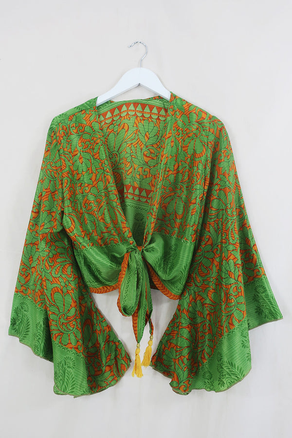 Gemini Wrap Top - Bergamot Orange Bloom - Vintage Sari - Size XXL by All About Audrey