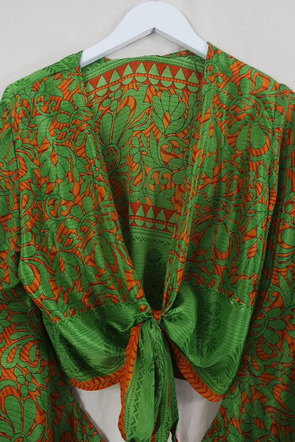 Gemini Wrap Top - Bergamot Orange Bloom - Vintage Sari - Size XXL by All About Audrey