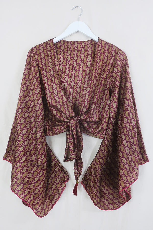 Gemini Wrap Top - Bronze & Fig Paisley - Vintage Sari - Size M/L By All About Audrey