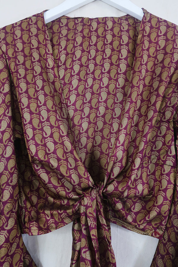 Gemini Wrap Top - Bronze & Fig Paisley - Vintage Sari - Size M/L By All About Audrey