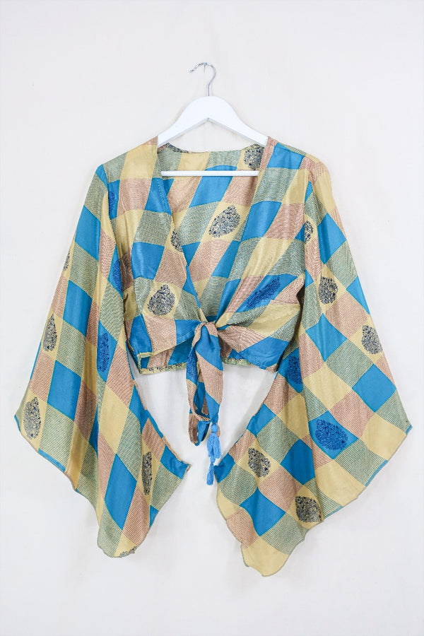 Gemini Wrap Top - Checkered Ocean Blue & Gold - Vintage Sari - Size XS By All About Audrey