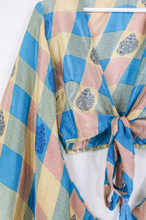 Gemini Wrap Top - Checkered Ocean Blue & Gold - Vintage Sari - Size XS By All About Audrey