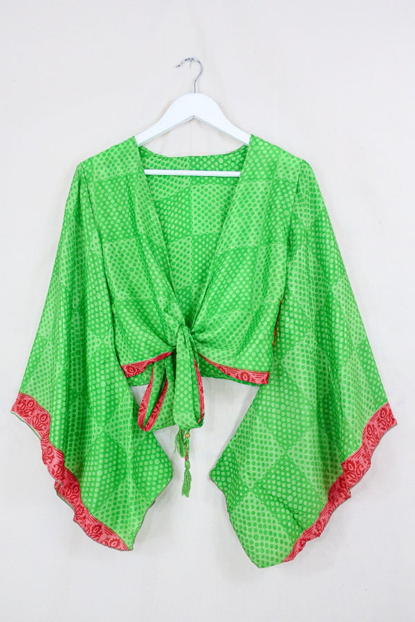 Gemini Wrap Top - Vibrant Lime with Red Stripe - Vintage Sari - Size XS By All About Audrey