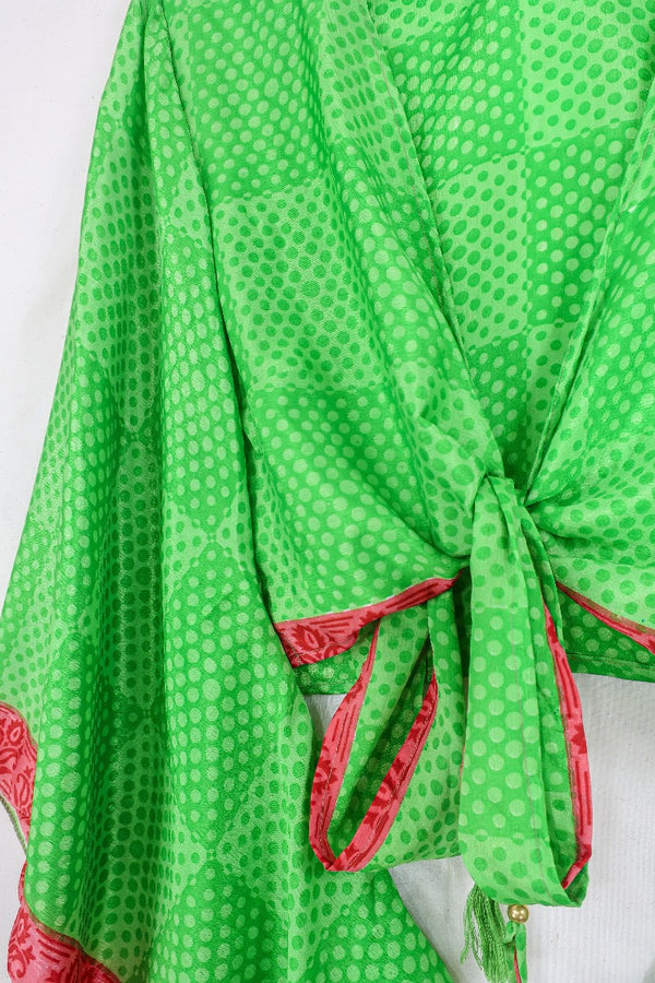 Gemini Wrap Top - Vibrant Lime with Red Stripe - Vintage Sari - Size XS By All About Audrey