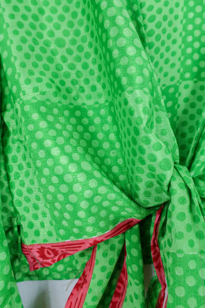 Gemini Wrap Top - Vibrant Lime with Red Stripe - Vintage Sari - Size XS