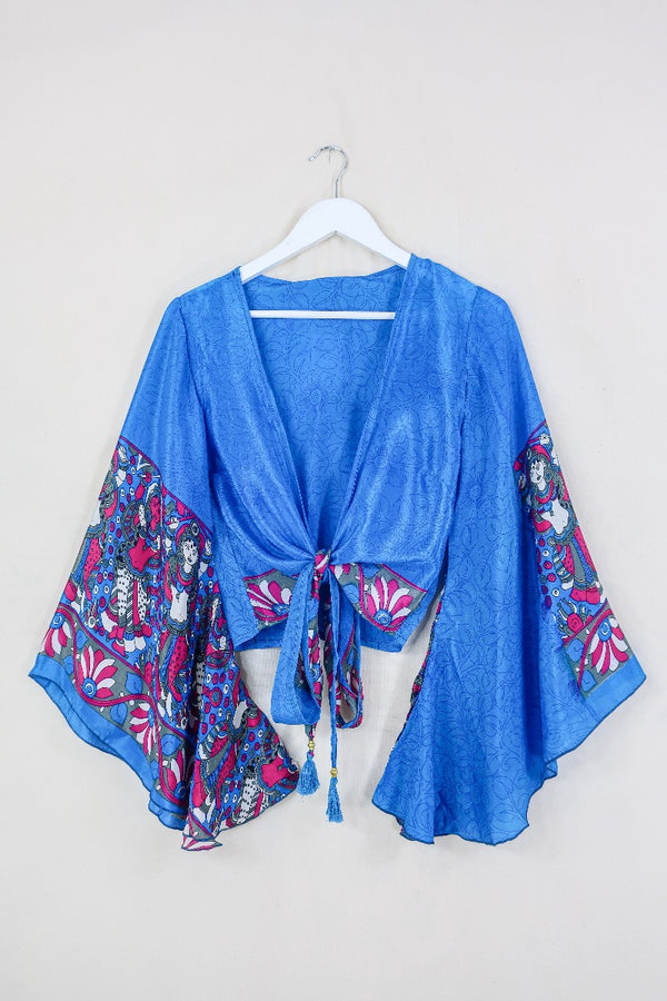 Gemini Wrap Top - Azure Blue & Pink Dancers - Vintage Sari - Size XS By All About Audrey