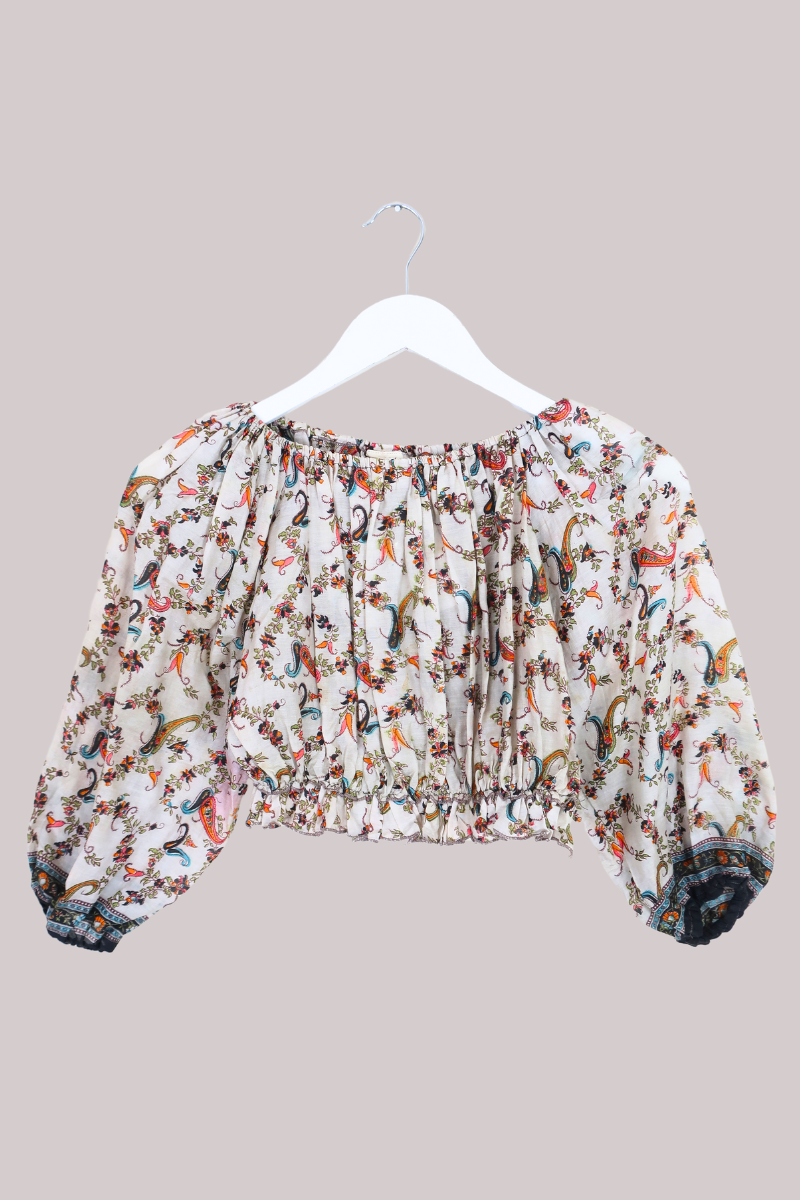 Kitty Vintage Sari Crop Top - Cream Paisley - Free Size