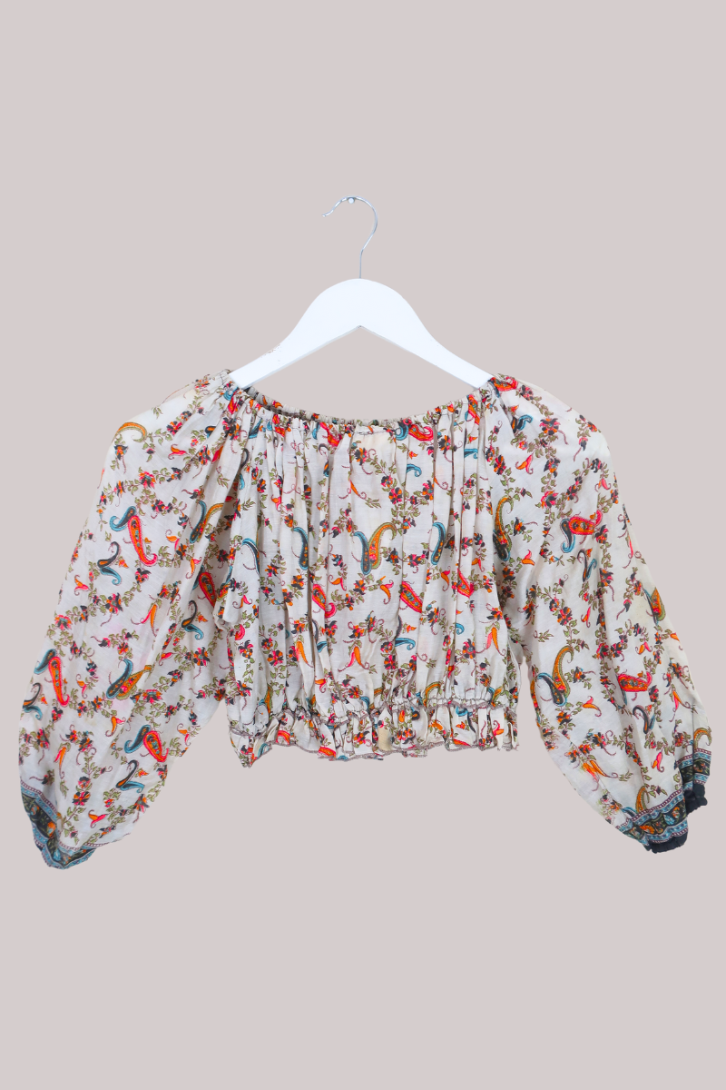 Kitty Vintage Sari Crop Top - Cream Paisley - Free Size