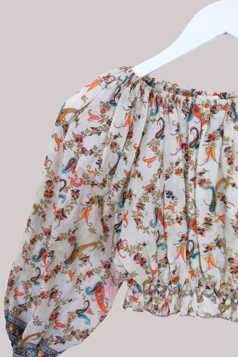 Kitty Vintage Sari Crop Top - Cream Paisley - Free Size