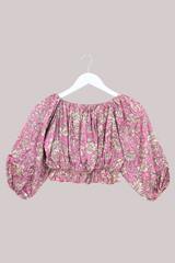 Kitty Vintage Sari Crop Top - Dusky Gardenia - Free Size