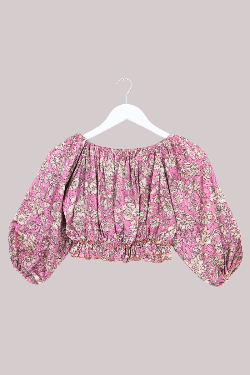 Kitty Vintage Sari Crop Top - Dusky Gardenia - Free Size