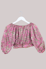Kitty Vintage Sari Crop Top - Dusky Gardenia - Free Size