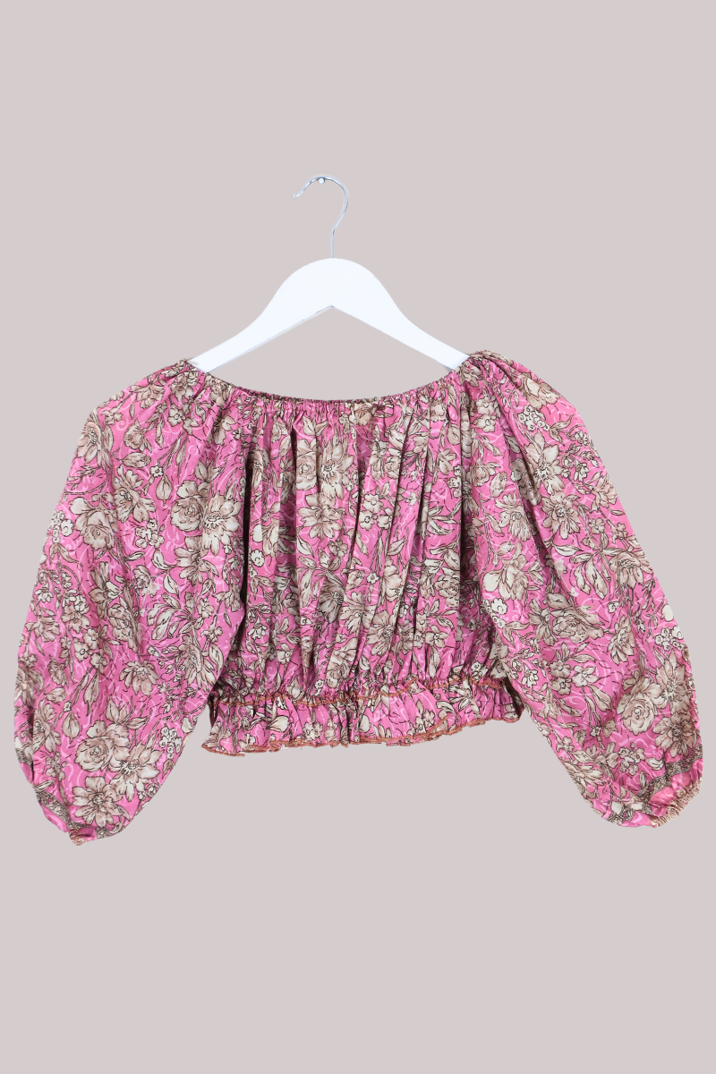 Kitty Vintage Sari Crop Top - Dusky Gardenia - Free Size