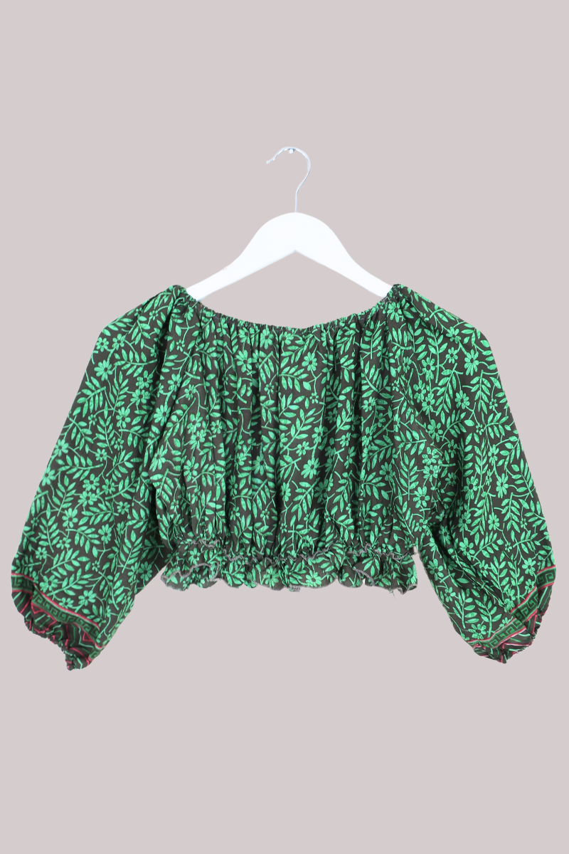 Kitty Vintage Sari Crop Top - Boston Fern - Free Size