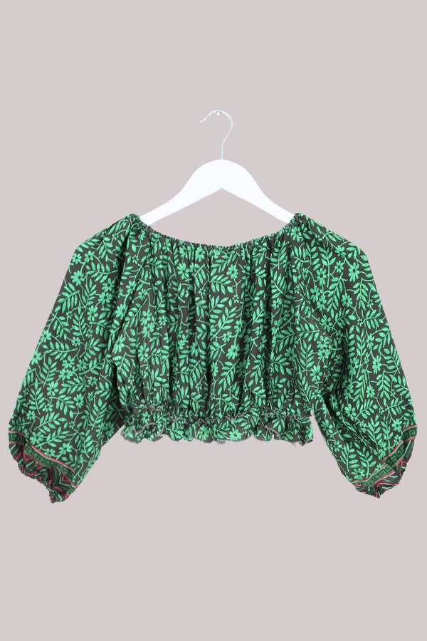 Kitty Vintage Sari Crop Top - Boston Fern - Free Size