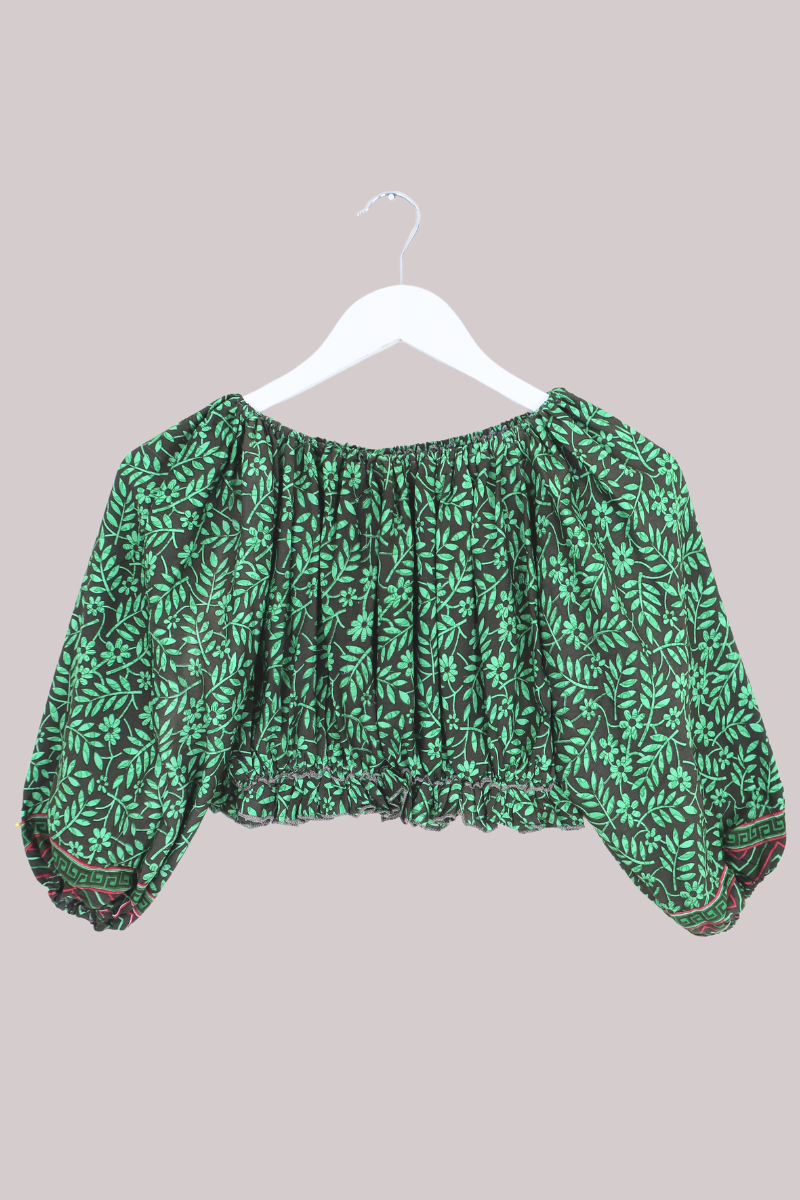 Kitty Vintage Sari Crop Top - Boston Fern - Free Size