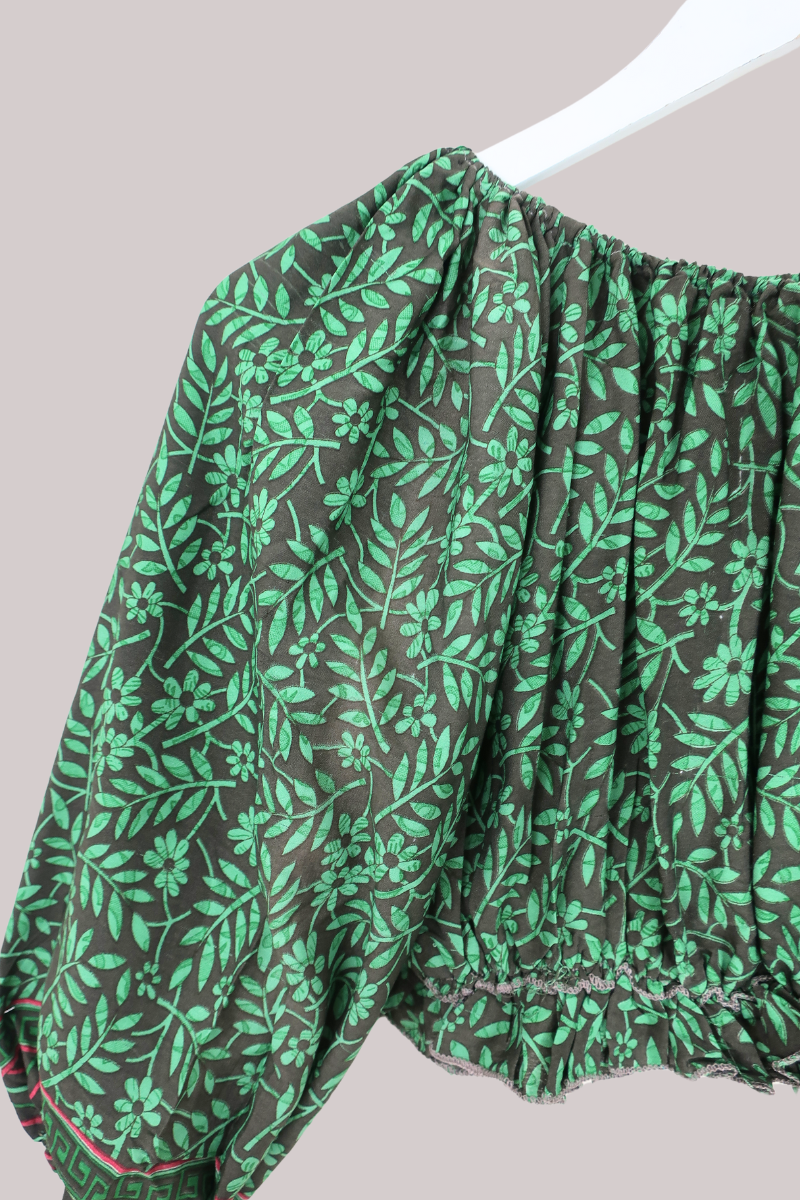 Kitty Vintage Sari Crop Top - Boston Fern - Free Size