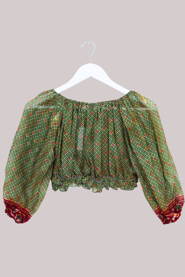 Kitty Vintage Sari Crop Top - Emerald and Ruby - Free Size