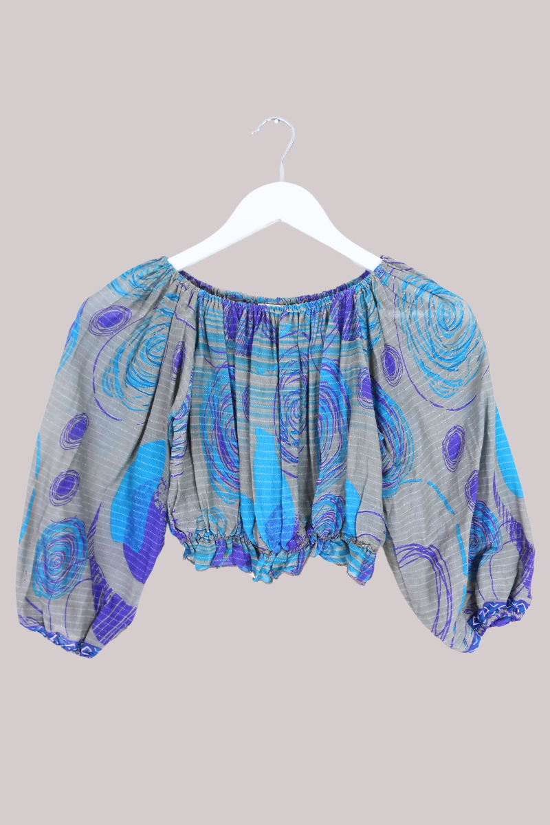 Kitty Vintage Sari Crop Top - Pidgeon - Free Size