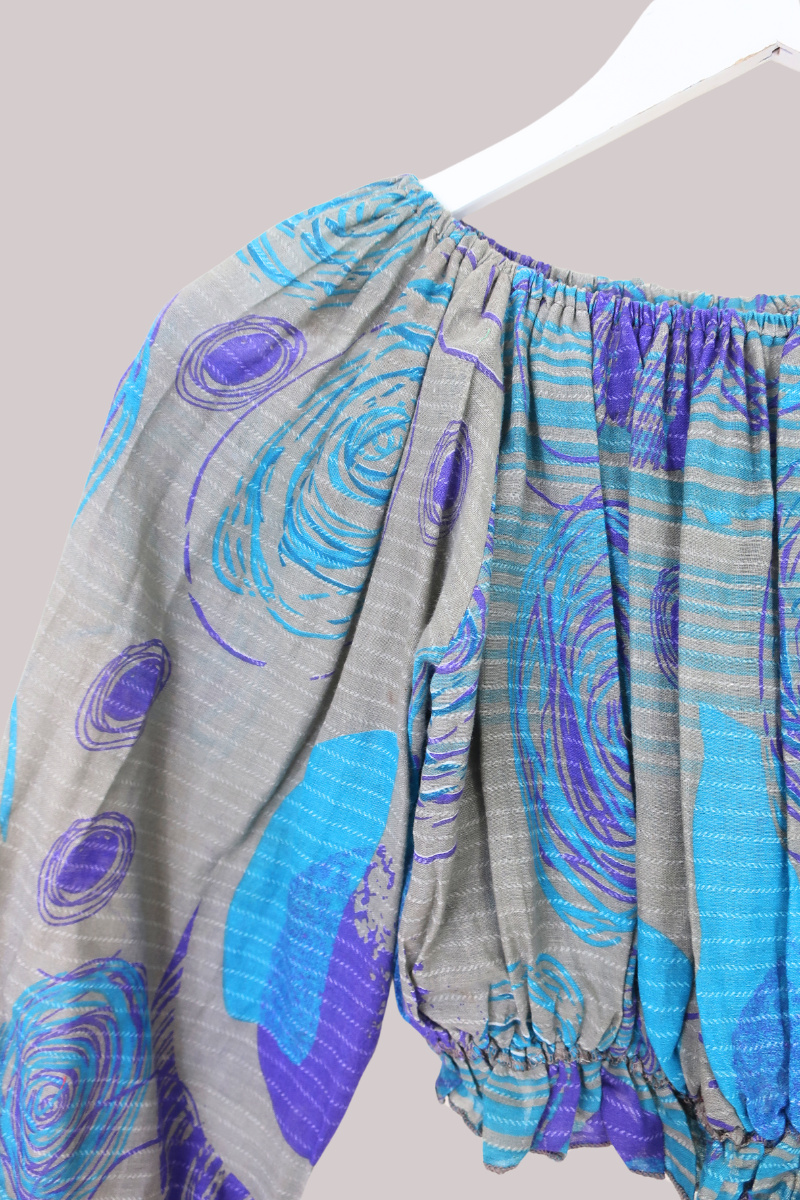 Kitty Vintage Sari Crop Top - Pidgeon - Free Size