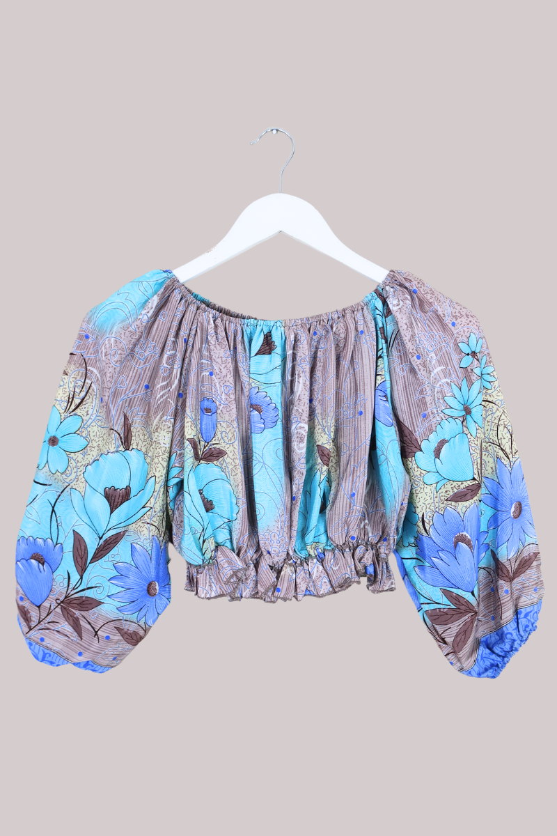 Kitty Vintage Cotton Crop Top - Azure Poppy - Free Size
