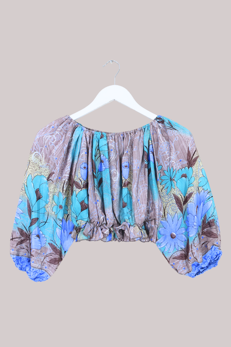 Kitty Vintage Cotton Crop Top - Azure Poppy - Free Size