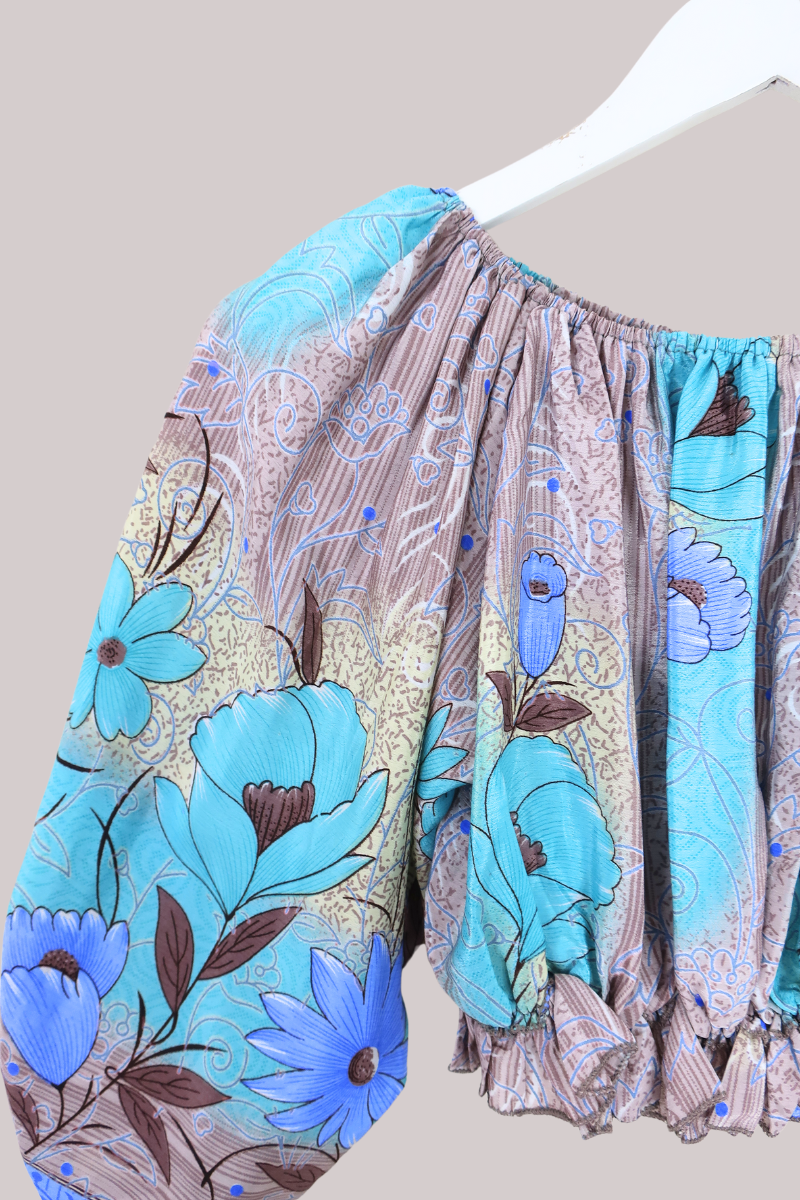 Kitty Vintage Cotton Crop Top - Azure Poppy - Free Size