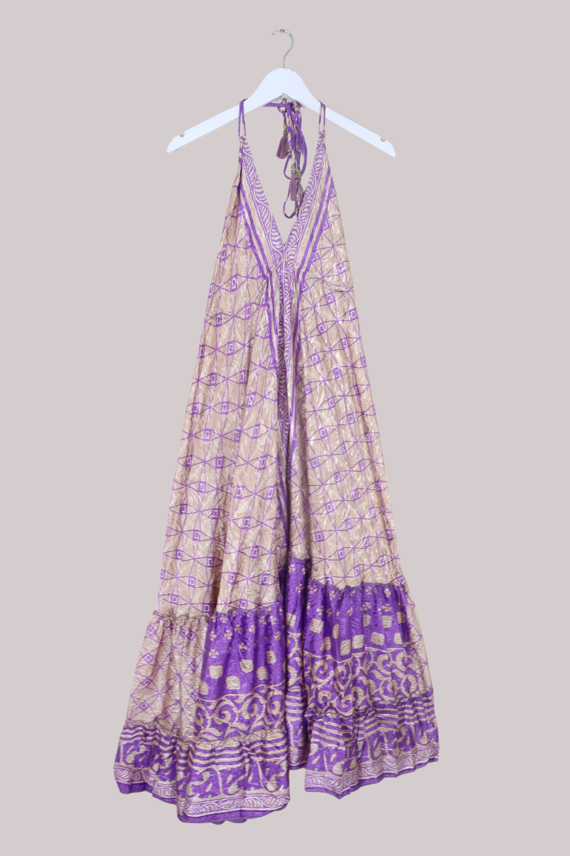 Blossom Halter Maxi Dress in Champagne & Violet - Free Size XL/XXL