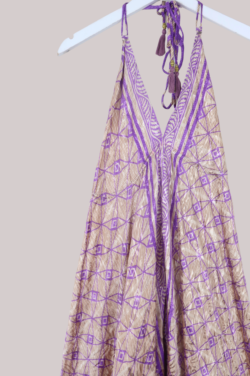 Blossom Halter Maxi Dress in Champagne & Violet - Free Size XL/XXL