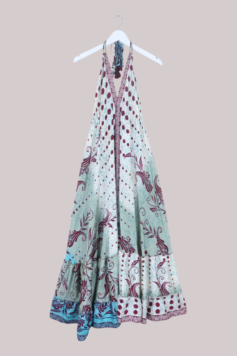 Blossom Halter Maxi Dress in Glacier Blue & Mulberry - Free Size S/M