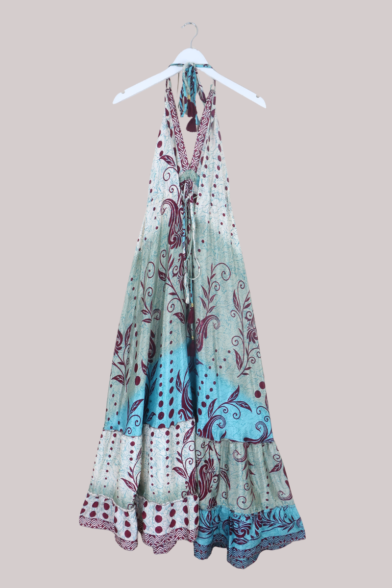 Blossom Halter Maxi Dress in Glacier Blue & Mulberry - Free Size S/M