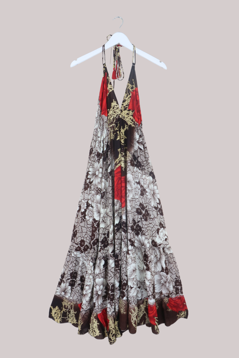 Blossom Halter Maxi Dress in Cocoa & Red Roses - Free Size XL/XXL